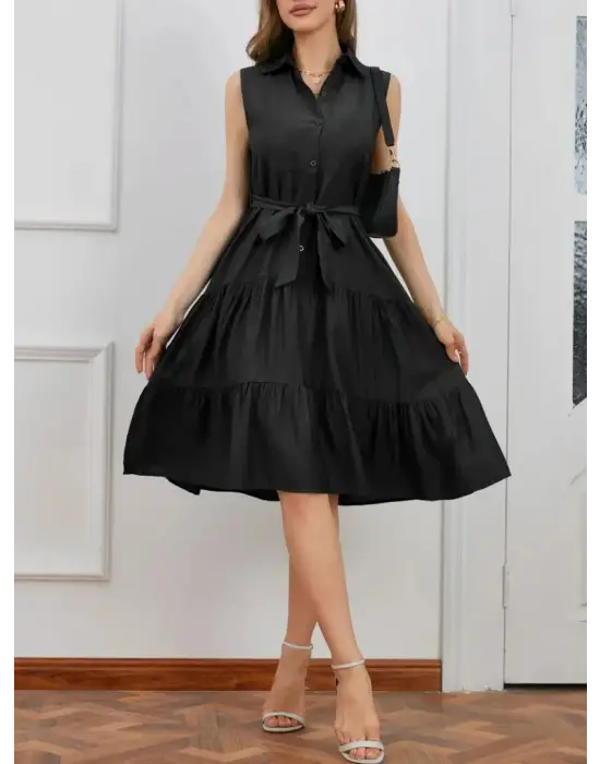 Kadın Kısa Kollu Gömlek Yaka Düğmeli Beli Kuşaklı Katlı Dokuma Midi Elbise