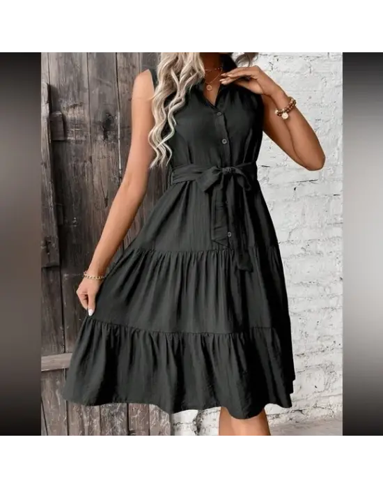 Kadın Kısa Kollu Gömlek Yaka Düğmeli Beli Kuşaklı Katlı Dokuma Midi Elbise