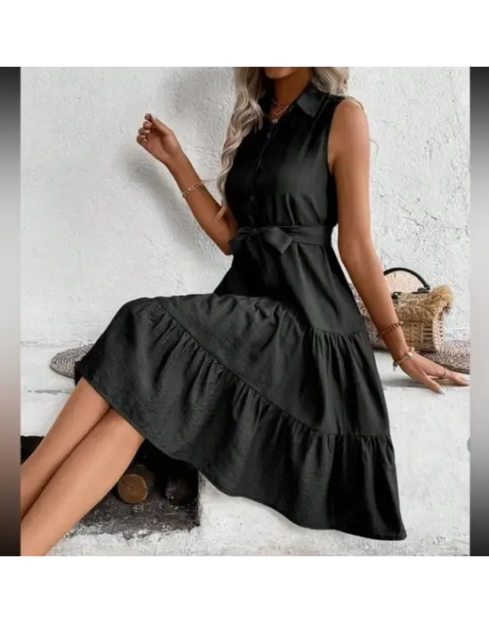 Omarı Sadece Düğmeli Beli Kuşaklı Katlı Elbise