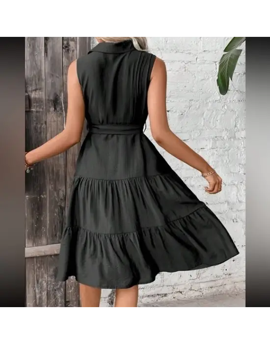 Omarı Sadece Düğmeli Beli Kuşaklı Katlı Elbise