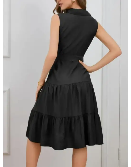 Kadın Kısa Kollu Gömlek Yaka Düğmeli Beli Kuşaklı Katlı Dokuma Midi Elbise