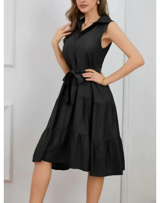 Kadın Kısa Kollu Gömlek Yaka Düğmeli Beli Kuşaklı Katlı Dokuma Midi Elbise