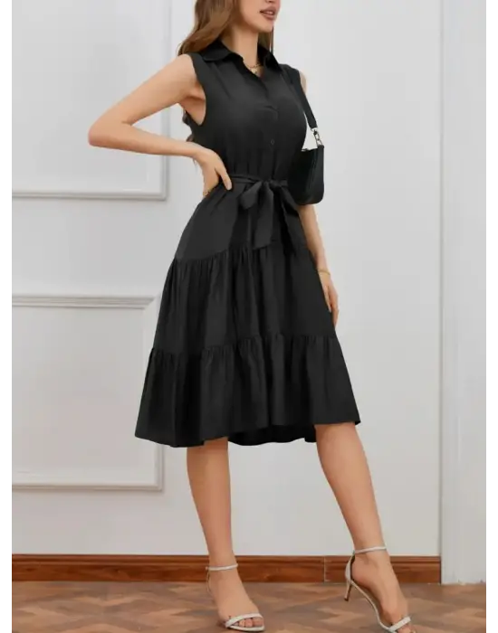 Kadın Kısa Kollu Gömlek Yaka Düğmeli Beli Kuşaklı Katlı Dokuma Midi Elbise