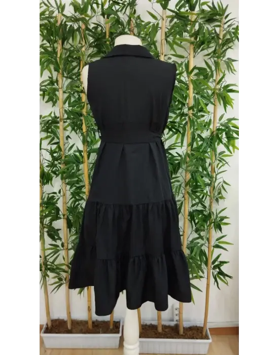 Omarı Sadece Düğmeli Beli Kuşaklı Katlı Elbise