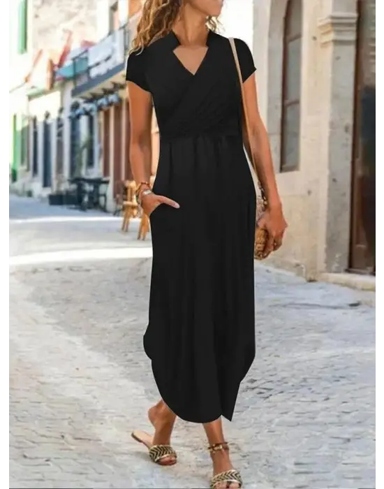 Kadın Kısa Kollu Hakim V Yaka Viskon Elbise