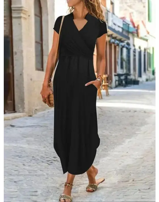 Kadın Kısa Kollu Hakim V Yaka Viskon Elbise