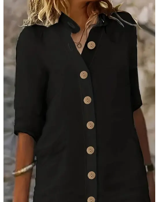 Kadın Kısa Kollu Hakim Yaka önden Düğmeli Kısa Müslim Elbise