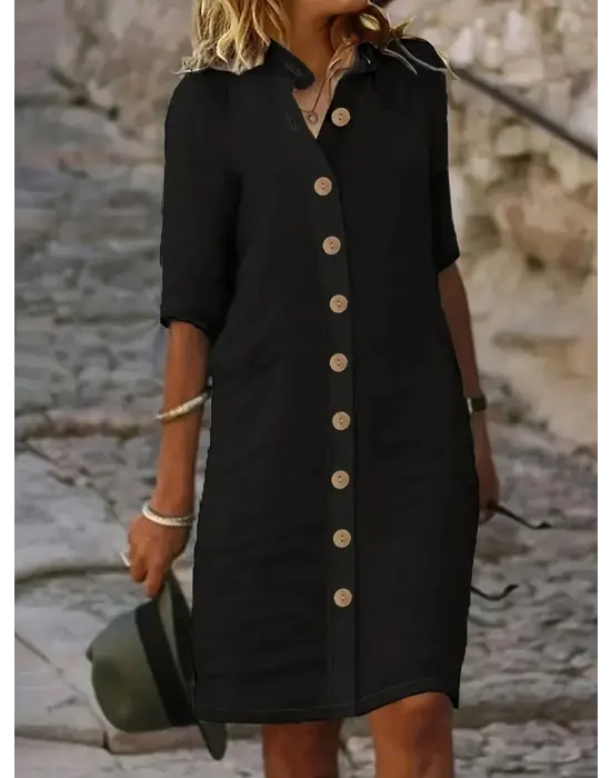 Kadın Kısa Kollu Hakim Yaka önden Düğmeli Kısa Müslim Elbise