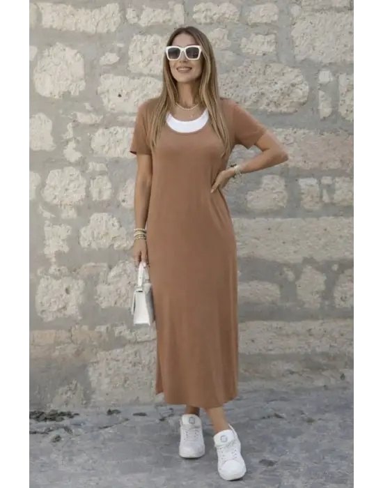 Kadın Kısa Kollu Içi Atlet Görünümlü Yandan Yırtmaçlı Uzun Viskon Elbise