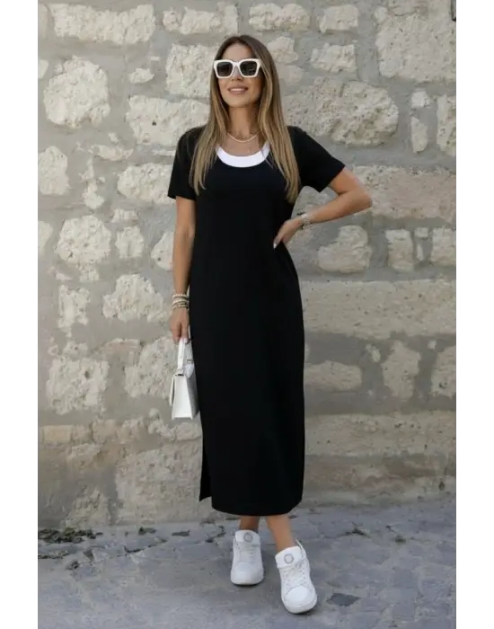 Kadın Kısa Kollu Içi Atlet Görünümlü Yandan Yırtmaçlı Uzun Viskon Elbise