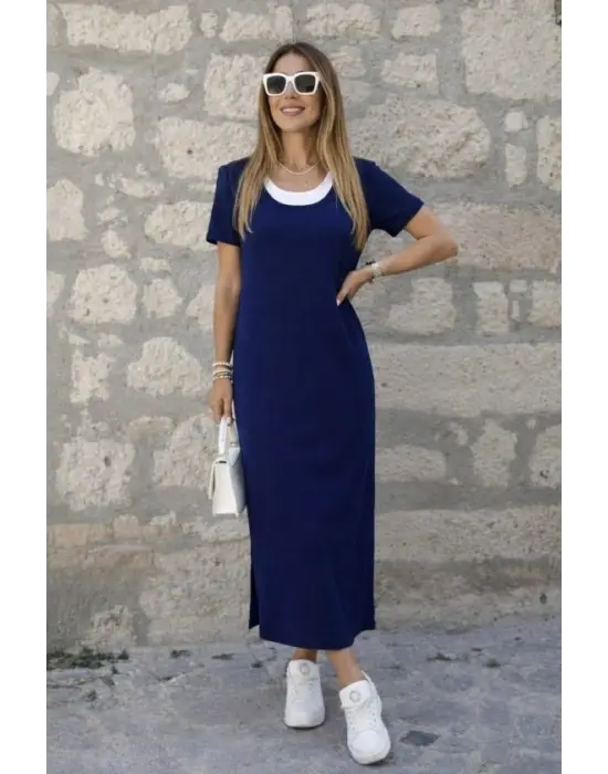 Kadın Kısa Kollu Içi Atlet Görünümlü Yandan Yırtmaçlı Uzun Viskon Elbise