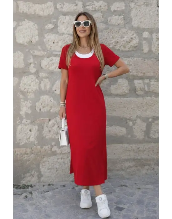 Kadın Kısa Kollu Içi Atlet Görünümlü Yandan Yırtmaçlı Uzun Viskon Elbise