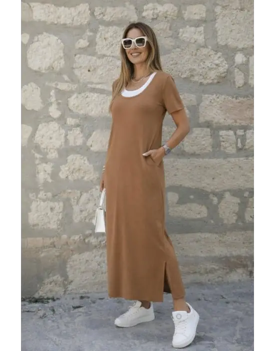 Kadın Kısa Kollu Içi Atlet Görünümlü Yandan Yırtmaçlı Uzun Viskon Elbise