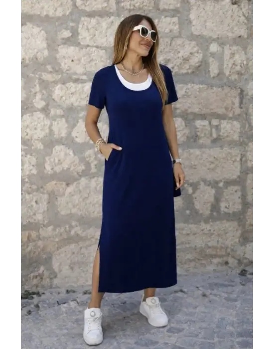 Kadın Kısa Kollu Içi Atlet Görünümlü Yandan Yırtmaçlı Uzun Viskon Elbise