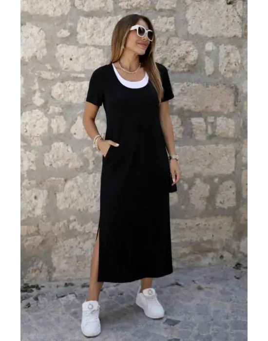 Kadın Kısa Kollu Içi Atlet Görünümlü Yandan Yırtmaçlı Uzun Viskon Elbise