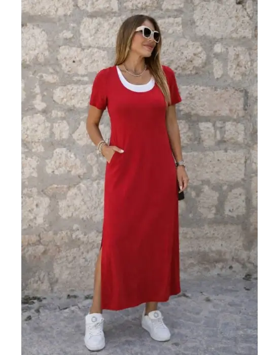 Kadın Kısa Kollu Içi Atlet Görünümlü Yandan Yırtmaçlı Uzun Viskon Elbise