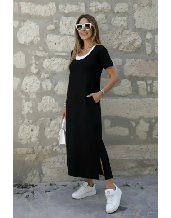 Kadın Kısa Kollu Içi Atlet Görünümlü Yandan Yırtmaçlı Uzun Viskon Elbise