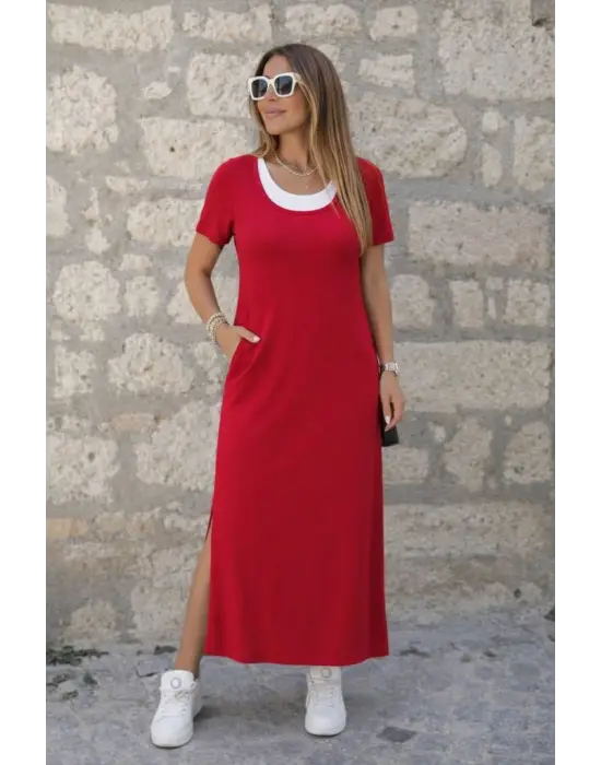 Kadın Kısa Kollu Içi Atlet Görünümlü Yandan Yırtmaçlı Uzun Viskon Elbise