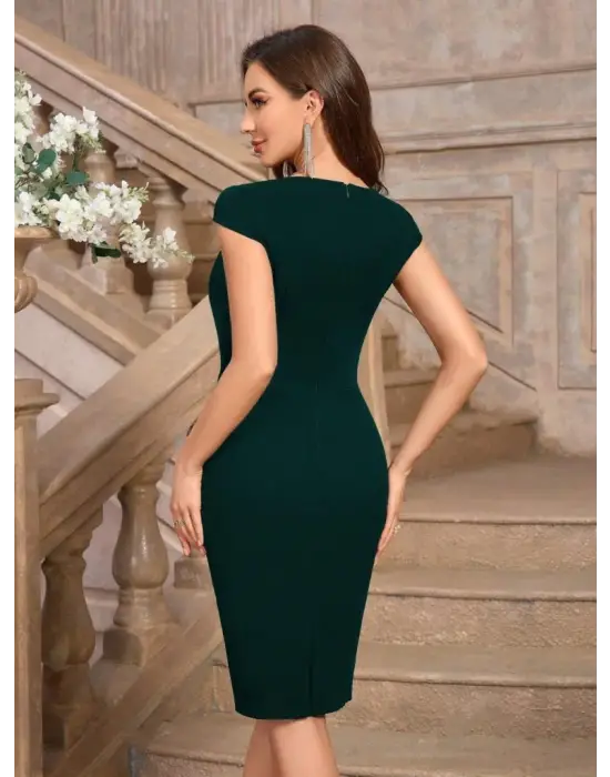 Kadın Kısa Kollu Kalp Yaka Drape Detay Ithal Krep Elbise