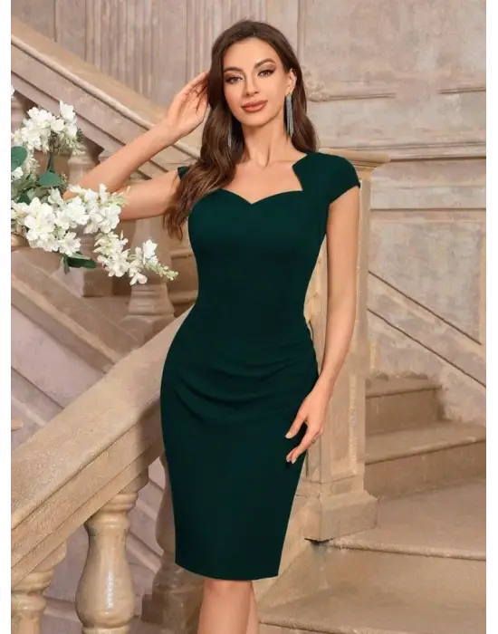 Kadın Kısa Kollu Kalp Yaka Drape Detay Ithal Krep Elbise