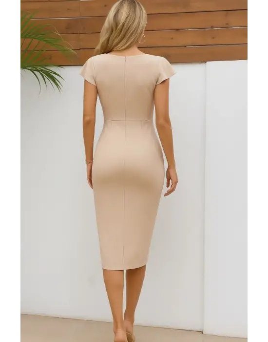 Kadın Kısa Kollu Kalp Yaka Yanlardan Büzgü Detay Midi Ithal Krep Elbise