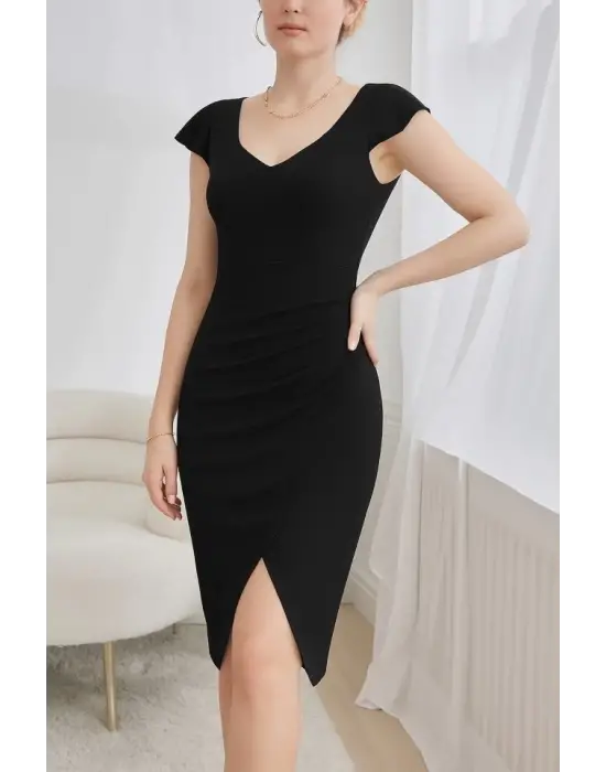 Kadın Kısa Kollu Kalp Yaka Yanlardan Büzgü Detay Midi Janjan Krep Elbise