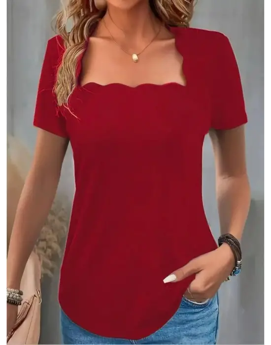 Kadın Kısa Kollu Kare Lazer Yakalı Janjan Krep Bluz