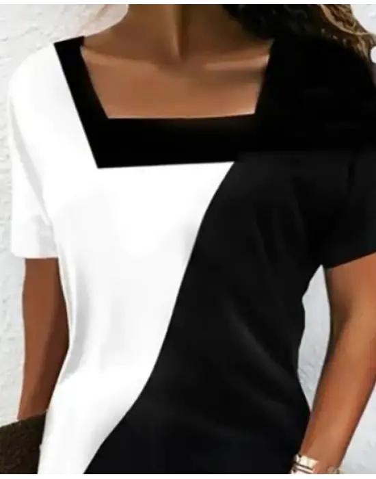 Kadın Kısa Kollu Kare Yaka Parçalı Desen Dalgıç Elbise