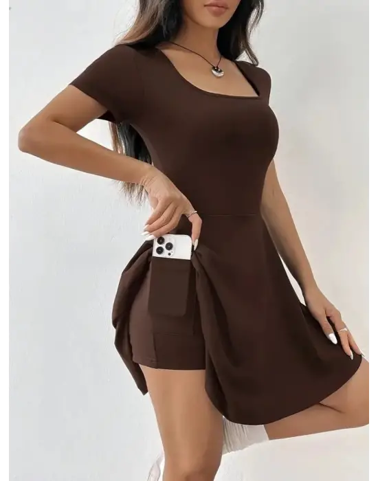 Kadın Kısa Kollu Kare Yaka Short Detaylı Cepli Dalgıç Elbise