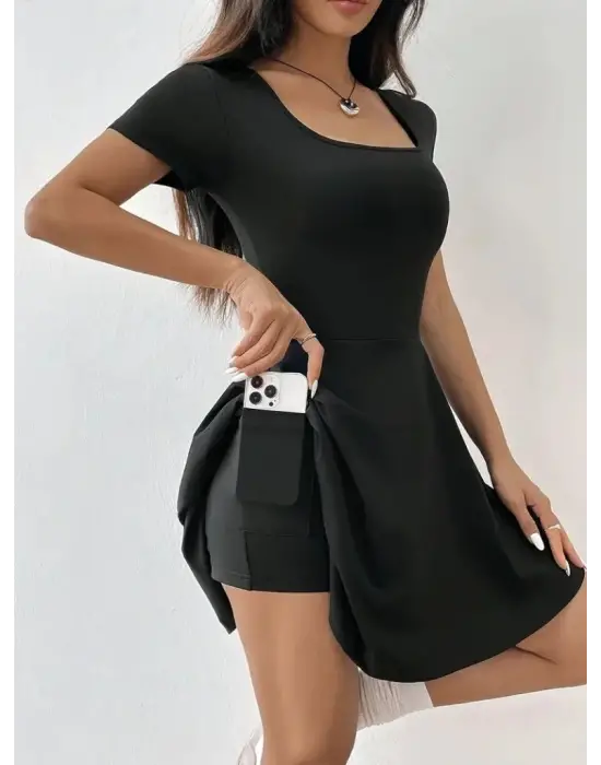 Kadın Kısa Kollu Kare Yaka Short Detaylı Cepli Dalgıç Elbise