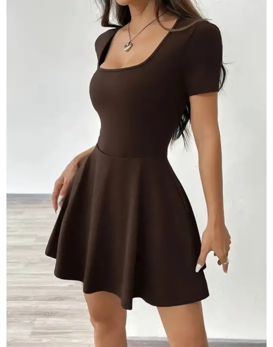 Kadın Kısa Kollu Kare Yaka Short Detaylı Cepli Dalgıç Elbise