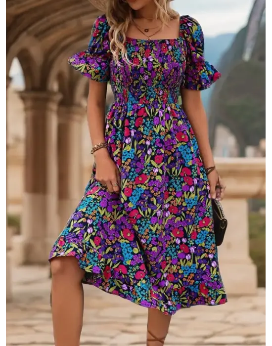 Kadın Kısa Kollu Kare Yakalı Beli Lastikli çiçek Desenli Mini Süprem Elbise