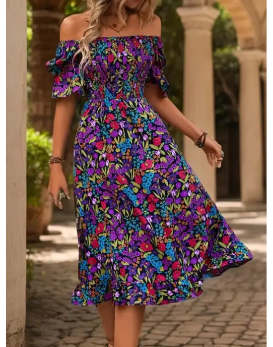 Kadın Kısa Kollu Kare Yakalı Beli Lastikli çiçek Desenli Mini Süprem Elbise