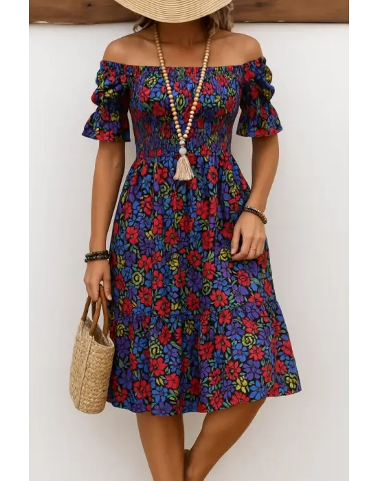 Kadın Kısa Kollu Kare Yakalı Beli Lastikli çiçek Desenli Mini Süprem Elbise