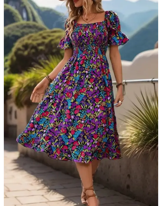 Kadın Kısa Kollu Kare Yakalı Beli Lastikli çiçek Desenli Mini Süprem Elbise