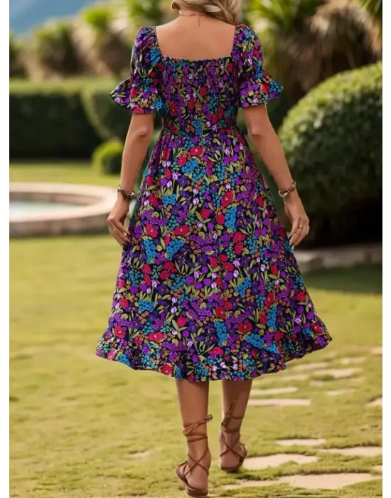 Kadın Kısa Kollu Kare Yakalı Beli Lastikli çiçek Desenli Mini Süprem Elbise