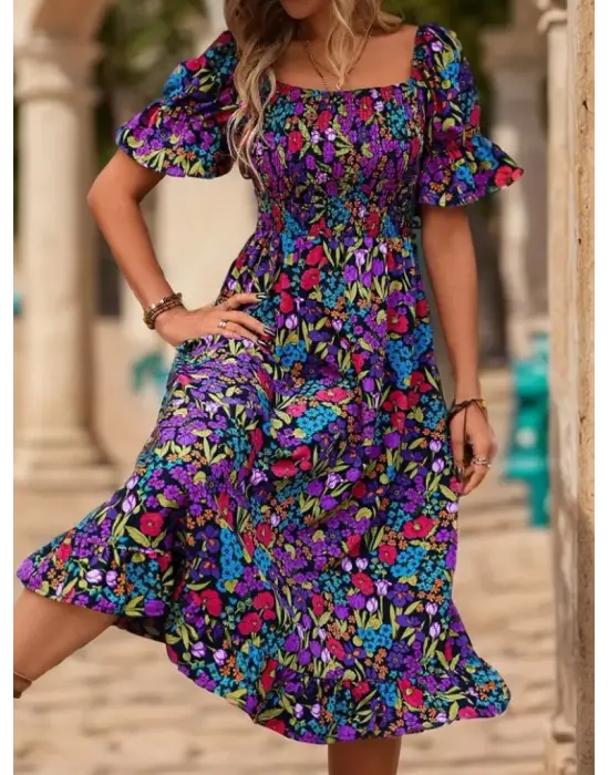 Kadın Kısa Kollu Kare Yakalı Beli Lastikli çiçek Desenli Mini Süprem Elbise