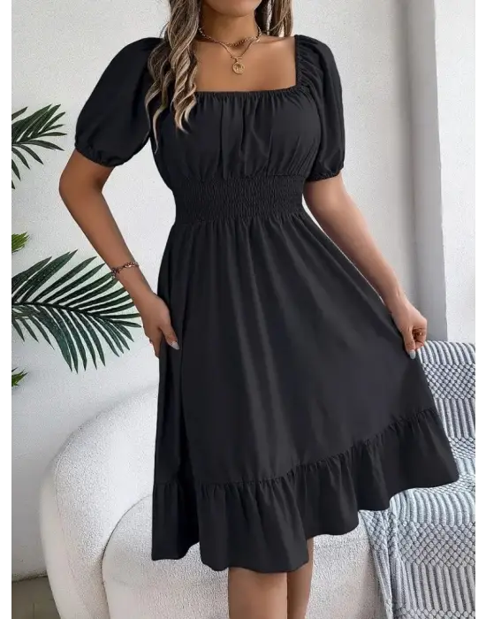 Kadın Kısa Kollu Kare Yakalı Beli Lastikli Kısa Trikoton Elbise