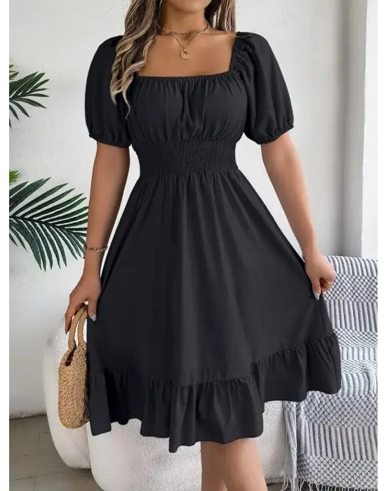 Kadın Kısa Kollu Kare Yakalı Beli Lastikli Kısa Trikoton Elbise