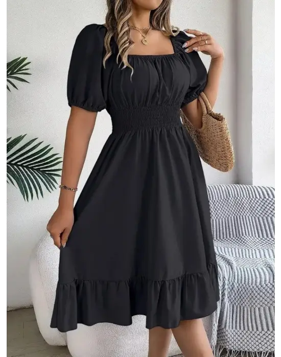 Kadın Kısa Kollu Kare Yakalı Beli Lastikli Kısa Trikoton Elbise