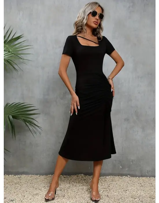 Kadın Kısa Kollu Kare Yakalı Ip Detaylı Janjan Krep Elbise