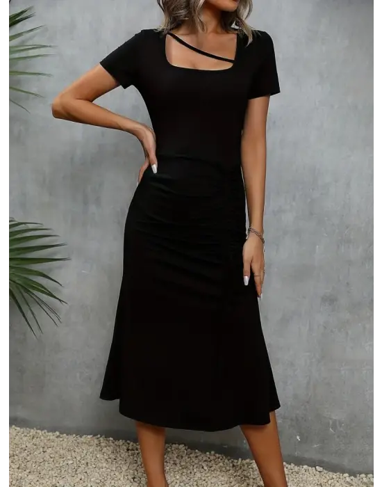 Kadın Kısa Kollu Kare Yakalı Ip Detaylı Janjan Krep Elbise