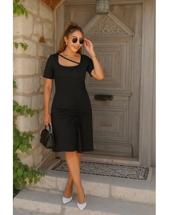 Kadın Kısa Kollu Kare Yakalı Ip Detaylı Janjan Krep Elbise