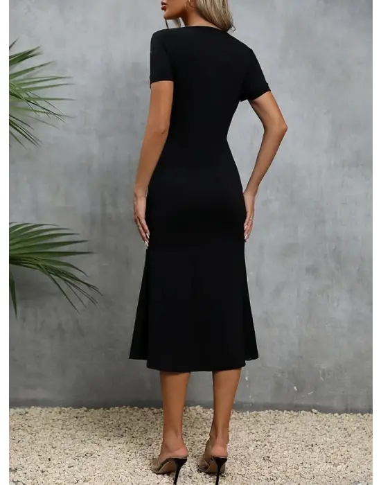 Kadın Kısa Kollu Kare Yakalı Ip Detaylı Janjan Krep Elbise