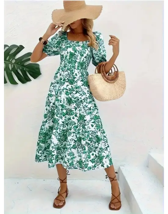 Kadın Kısa Kollu Kare Yakalı Lastikli Desenli Süprem Elbise