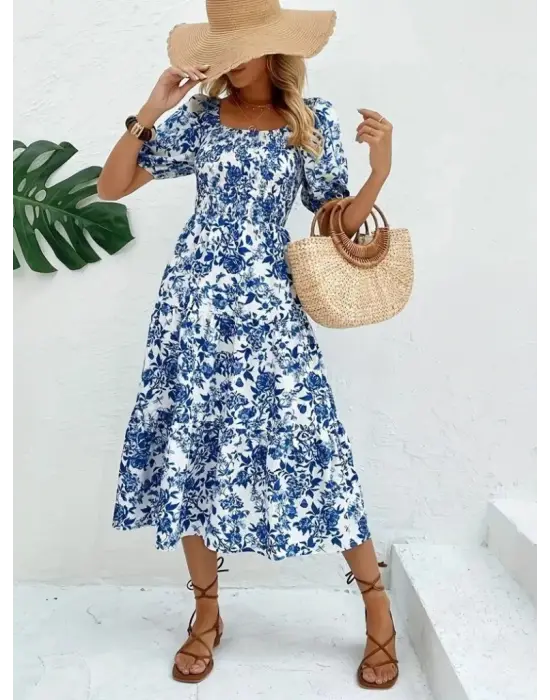 Omarı Desenli Kare Yakalı Kısa Kollu Elbise