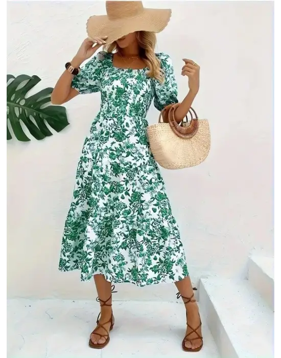 Omarı Desenli Kare Yakalı Kısa Kollu Elbise