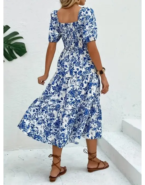 Kadın Kısa Kollu Kare Yakalı Lastikli Desenli Süprem Elbise