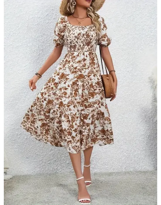 Omarı Desenli Kare Yakalı Kısa Kollu Elbise