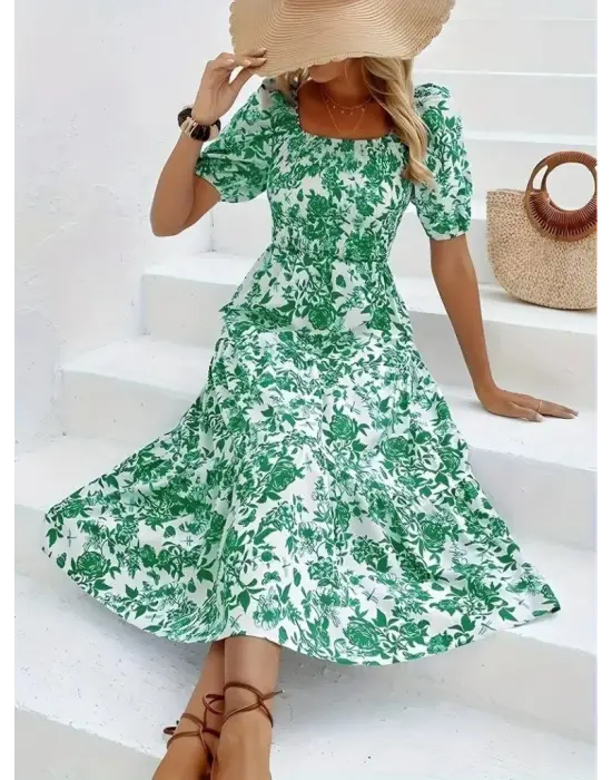 Omarı Desenli Kare Yakalı Kısa Kollu Elbise